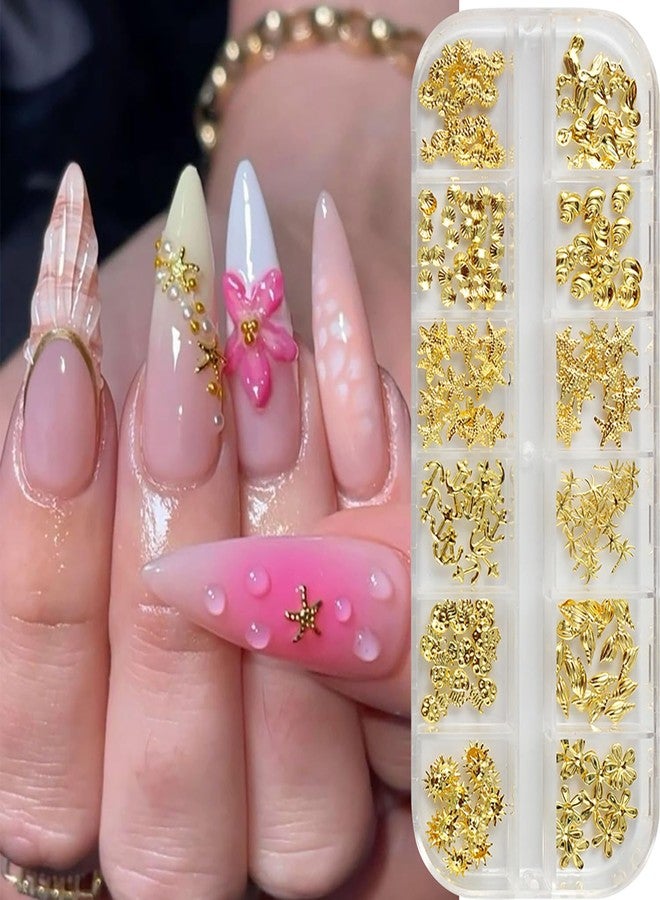 CJDLTS Gold Ocean Style Nail Accessories Golden Metal Starfish Shell Seahorse Jellyfish Nail Art Glitter Sequins 3D Gold Nails Supplies Jewelry Studs Nail Decoration Kit Suitable for Women Acrylivc Nail - Image 3